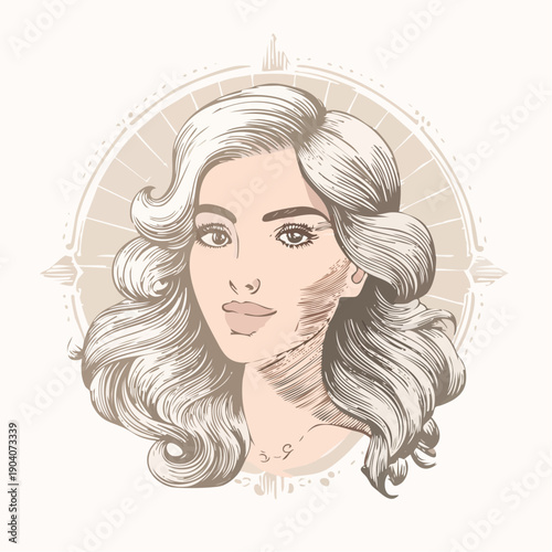 Stylized sketch of a beautiful woman's face with flowing wavy blonde hair