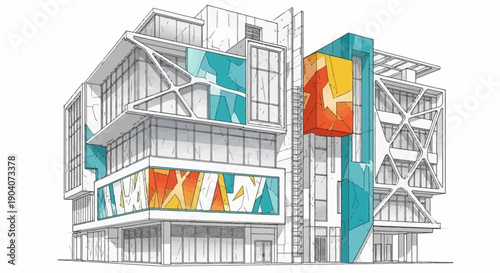 Modern building with abstract art installations and vibrant colors.