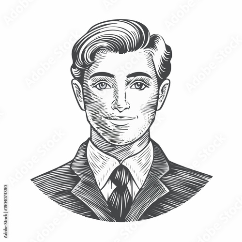 Vintage Engraved Portrait Illustration of a Confident Gentleman in a Classic Suit, Exemplifying Timeless Style and Professionalism