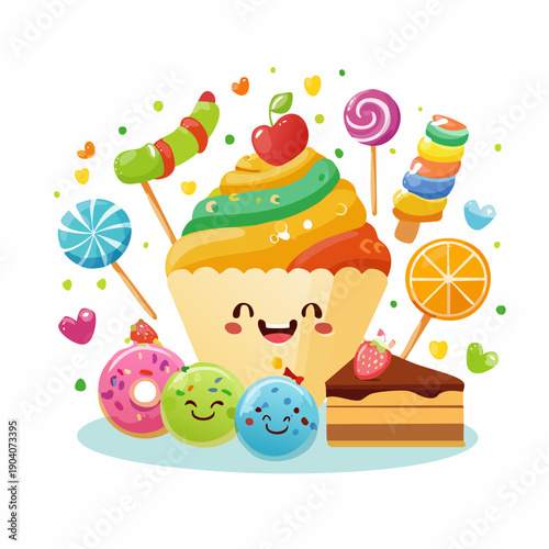 Whimsical Cartoon Candyland A Delightful Collection of Sweet Treats and Happy Desserts Illustration