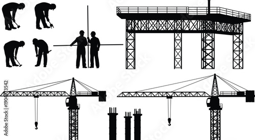 Construction Site Vector Silhouette Set, Workers, Tower Cranes, Reinforced Concrete Columns, and Industrial Platform, Representing Building, Engineering, and Development Projects