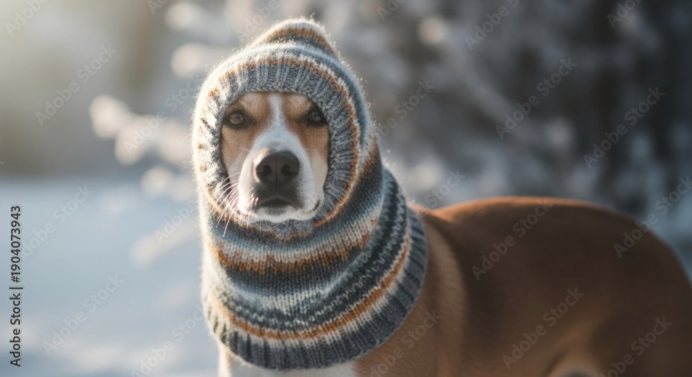 Naklejka premium Dog in a knitted hat, posing in a snowy, wintry environment with soft focus background