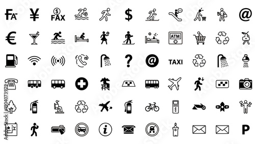 Collection of black vector icons depicting transportation, signage and common UI symbols.