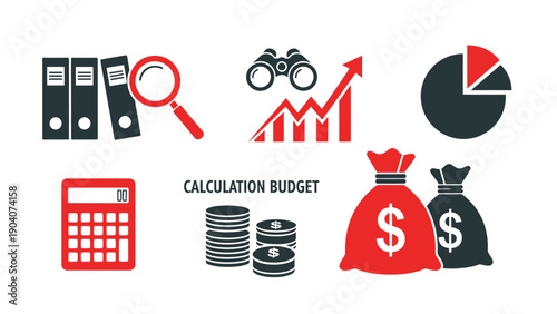 Business finance and budgeting icons with charts, coins, and calculators for analysis.