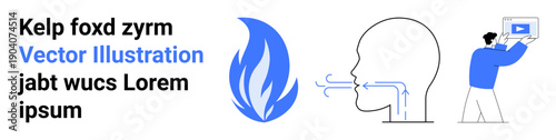 Breathing process with air flows in a profile view, flame representing energy, person presenting video. Ideal for health, science, energy, communication, education, infographics simple landing page