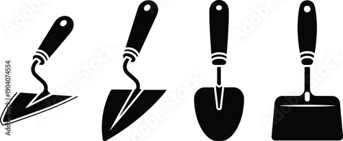 Construction trowel and masonry tools vector illustration, bricklaying, plastering, and gardening equipment icons set for builder, repair, renovation, and DIY design