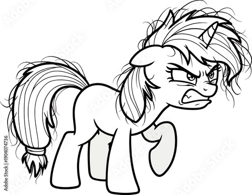 Angry Cartoon Unicorn Character with Messy Mane and Fierce Expression