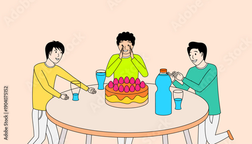 Three men are sitting around a table with a cake and drinks