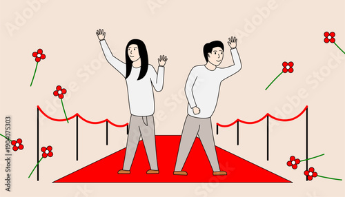 Two people are standing on a red carpet, waving to the camera