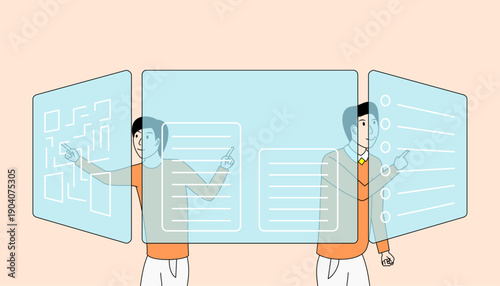 Two men are pointing at a blue screen