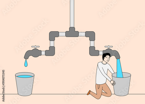 Man is kneeling down in front of two buckets of water
