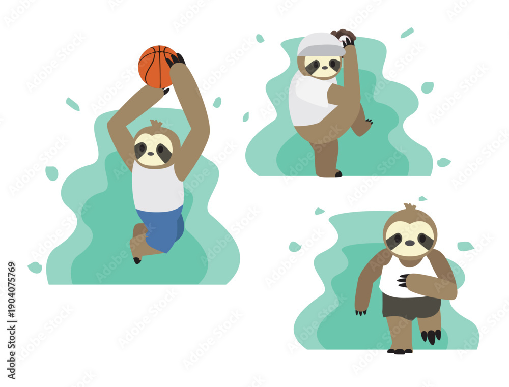 Obraz premium Sloth Sports Cartoon Character Marathon Baseball Basketball Jump