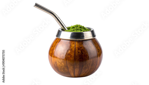 Traditional South American Yerba Mate tea in a wooden gourd (cuia) with a metal straw (bomba). Isolated hot beverage, a cultural symbol of friendship, with a transparent background.