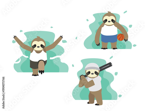 Sloth Sports Cartoon Character Marathon Baseball Basketball Front