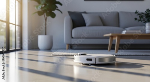 Wallpaper Mural Robotic vacuum cleaner cleaning a sunlit living room with sofa, plants, and a coffee table Torontodigital.ca
