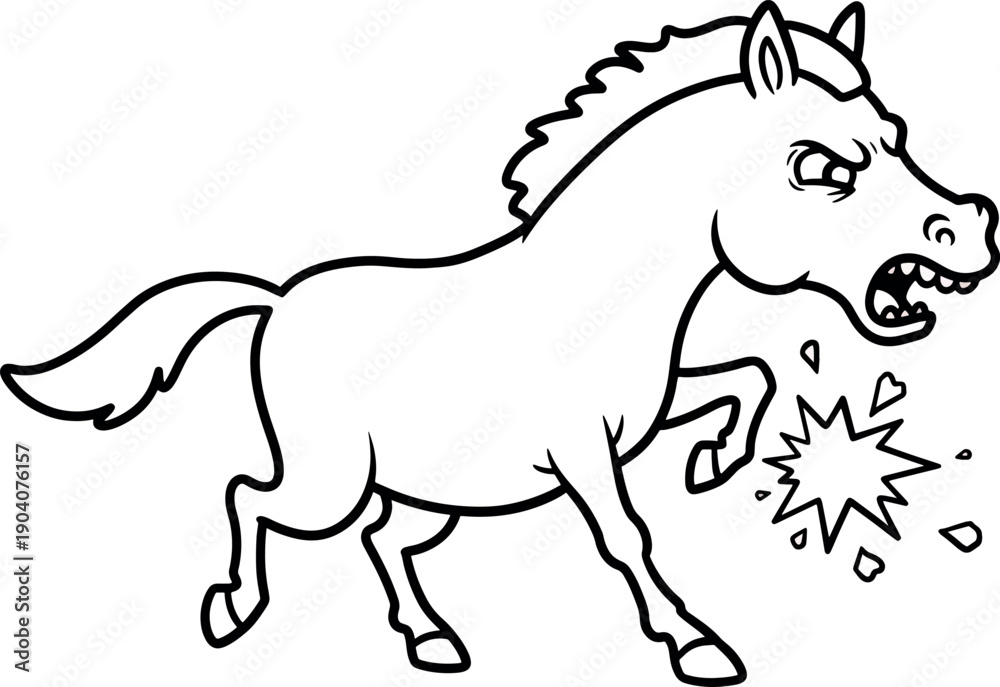 Fototapeta premium Angry Cartoon Horse Showing Aggression with Biting and Snorting in Black and White Line Drawing