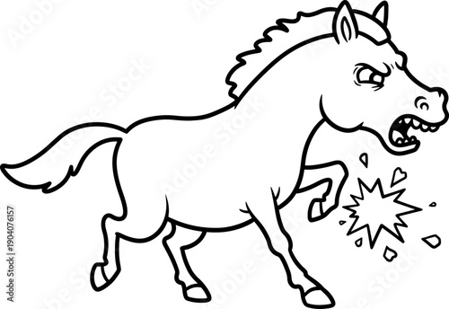 Angry Cartoon Horse Showing Aggression with Biting and Snorting in Black and White Line Drawing