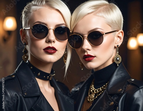 Two women with similar hairstyles pose close together wearing sunglasses, dark leather jackets, and bold makeup