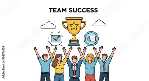 Team Celebrating Success with Trophy and Icons.
