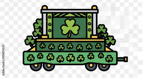 St patrick's day float with shamrocks and green decorations on wheels