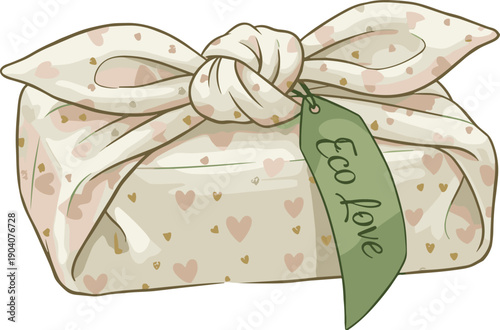 Eco-friendly gift wrapped in heart-patterned fabric with tag promoting sustainable love, zero waste packaging, and conscious giving in vector design.