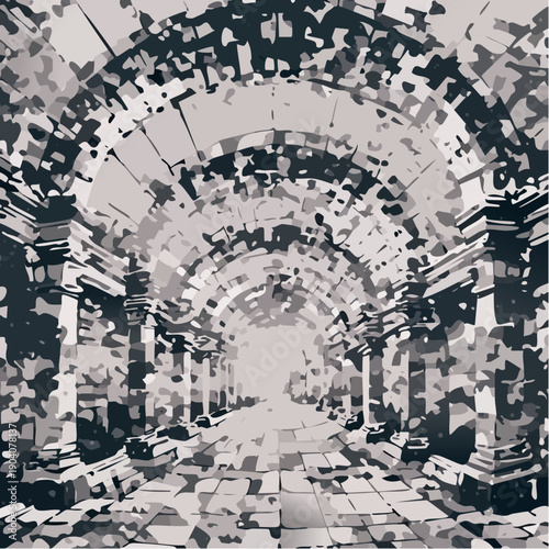 Abstract monochromatic illustration of a long architectural corridor with arches.
