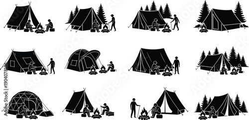Set of camping silhouettes with tents and campfires, outdoor adventure survival icons, people hiking and sitting by fire in forest,