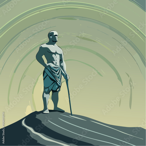 A powerful ancient warrior standing proudly on a hilltop with a staff.