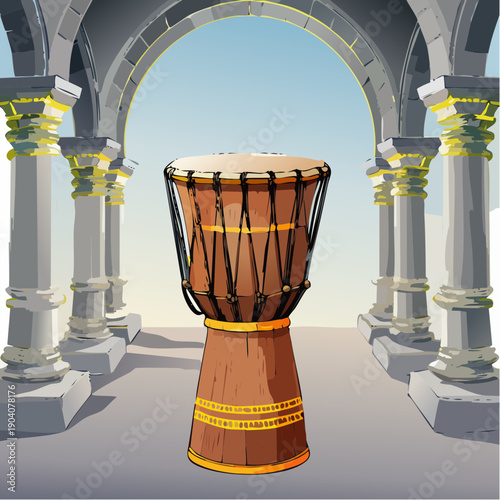 Stylized digital illustration of a traditional African djembe drum.