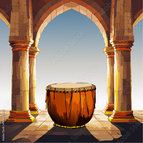 Stylized illustration of a decorated traditional dhol drum.