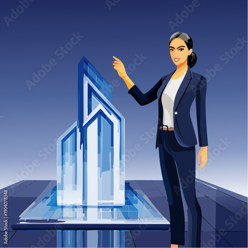 Professional businesswoman presenting a modern architectural building model.