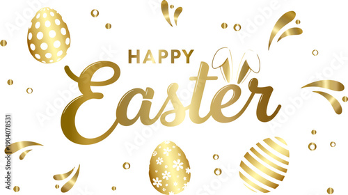 A happy Easter card design featuring golden easter eggs as a festive celebration symbol with elegant vector illustration font and gold holiday lettering