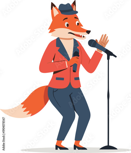 Smart Fox Character in Red Blazer and Hat Singing into Microphone on Stage Vector Illustration for Comedy or Music Performance