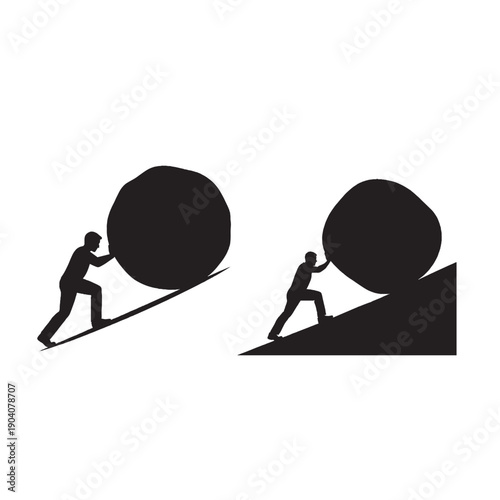 Person Pushing Boulder Uphill Silhouette – Hard Work, Struggle, Perseverance Concept