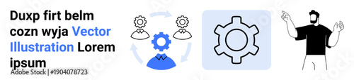 Gear symbol linking multiple icons of collaboration, gears turning, and a male figure gesturing, representing teamwork, process flow, and creativity. Ideal for business, marketing, technology