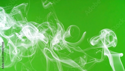 Wispy, white smoke swirls against a vibrant, gradient green background. The ethereal forms create a dynamic, abstract visual of movement
