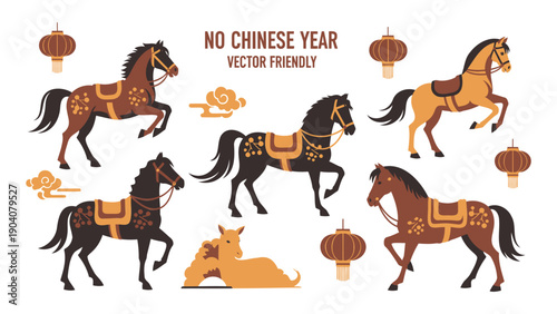 Chinese Year Horses in Flat Design Vector Illustration
