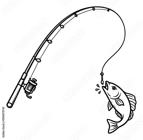 Hand drawn line art illustration of a fishing rod and fish depicting a fish caught on a hook for outdoor recreation