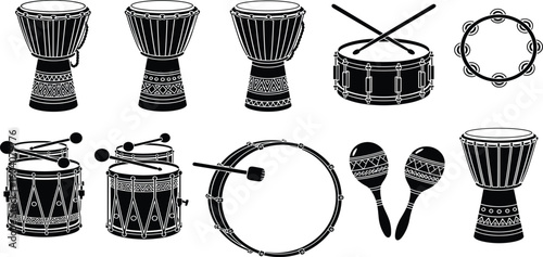 Set of percussion musical instruments including djembe drums maracas and tambourine icons isolated on white background for ethnic music design
