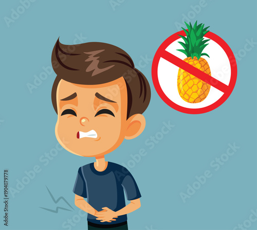 Little Kid Suffering from a Pineapple Allergy Vector Illustration. Boy having a belly problem from eating a fruit that makes him gassy