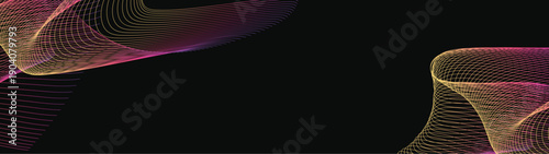 Abstract Modern vector long banner gradient dark spiral circle line wave illustration black background with arrows and copy space for text waves shape for business technology sphere EPS 10