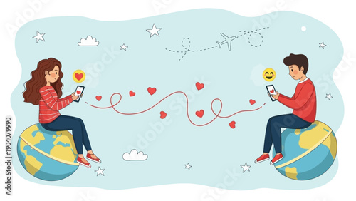 Long distance couple connecting online across the globe with hearts and love