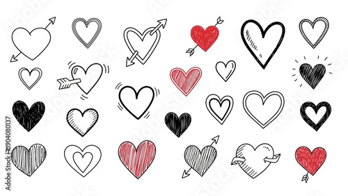 Collection of hand-drawn heart doodles with arrows and scribbles