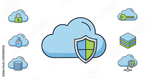 Cloud Security Icons: Shield, Lock, Key, Database, Stack & Network