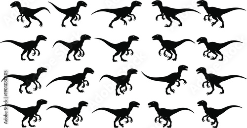 Set of velociraptor dinosaur silhouettes, prehistoric raptor predator icons, jurassic carnivorous reptile vectors, ancient wildlife hunting poses for museum display,
