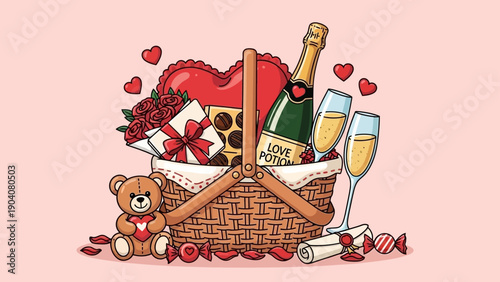 Romantic Valentine's Day gift basket with champagne, roses, and teddy bear.