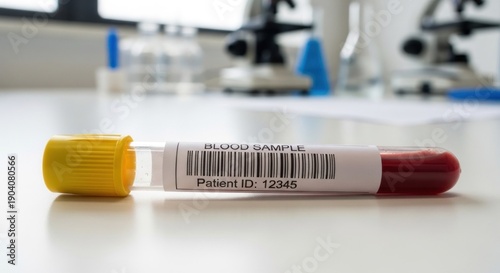 Wallpaper Mural A blood sample vial rests on a lab bench; microscopes are blurred in the background Torontodigital.ca