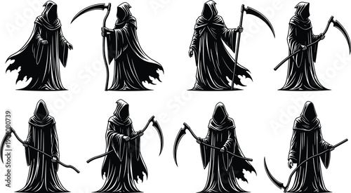 Set of black grim reaper silhouettes holding scythes, spooky halloween vector illustration collection of hooded death figures for horror logo tattoo design.