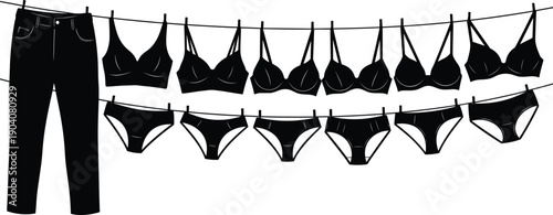 Silhouette of clothes hanging on washing line with jeans and women underwear lingerie sets, black vector illustration of laundry drying outdoor background.