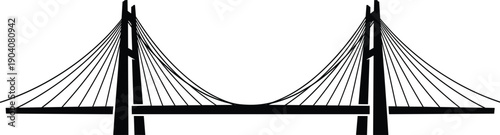 Silhouette of modern suspension bridge isolated on white background, vector illustration of cable stayed architecture for city skyline and travel transport design.